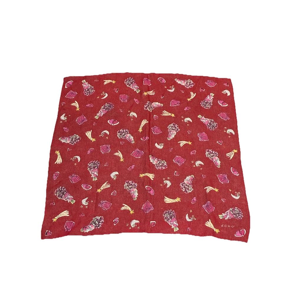 Echo Silk Scarf Square Cherry Red Hearts Floral Bouquet Novelty Print 21”